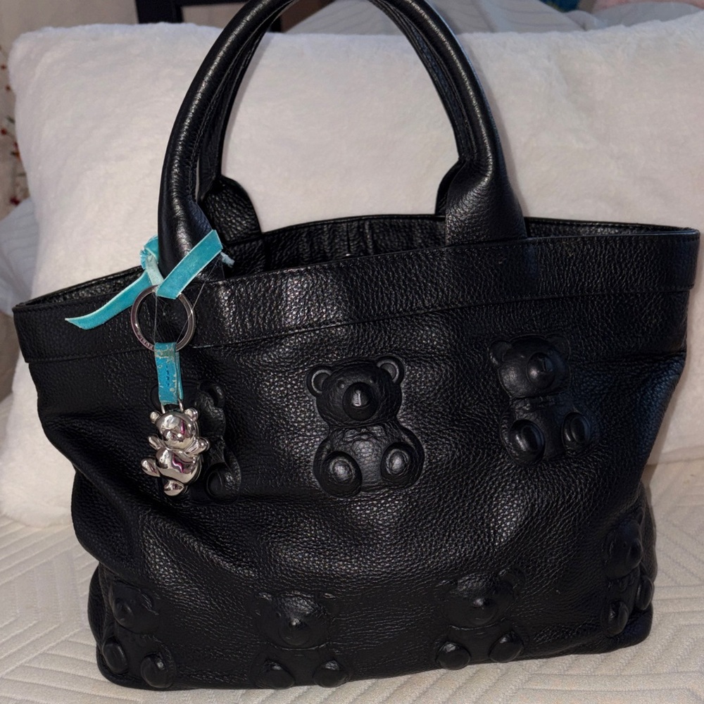 Black Leather Tote Bag with Teddy Motif and Vintage Furla Teddy Bear Charm